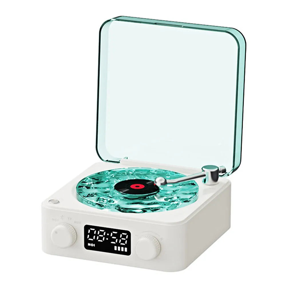 Small white noise speaker with a transparent lid on a white background